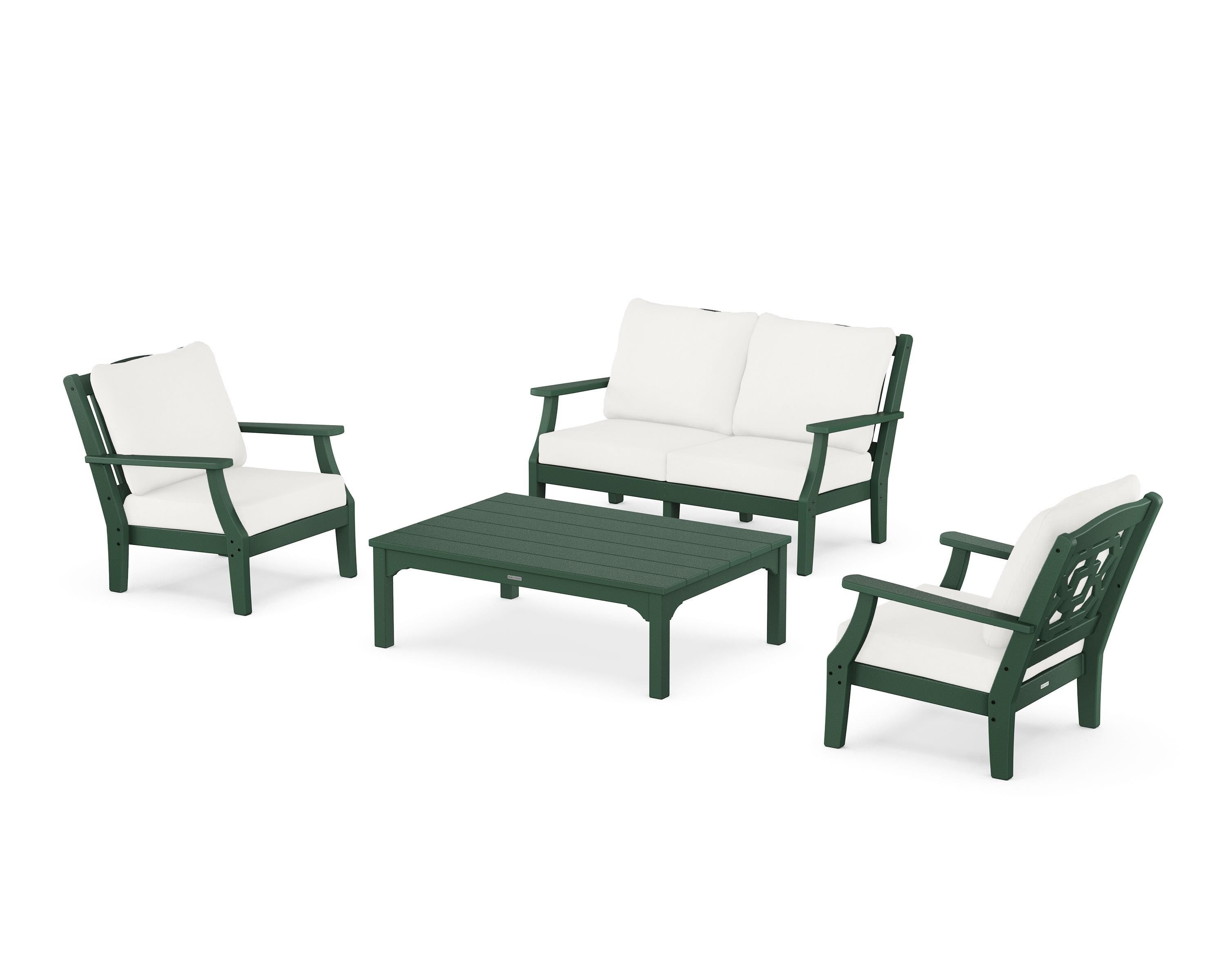 Martha Stewart by POLYWOOD® Chinoiserie 4-Piece Deep Seating Set with Loveseat in Green / Natural Linen