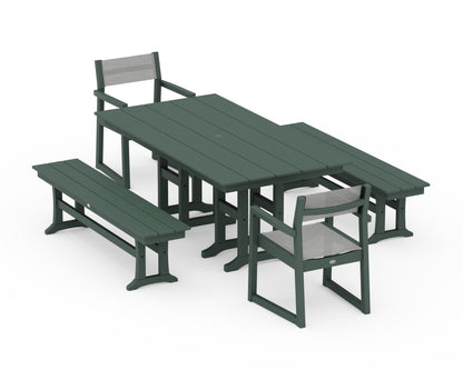 POLYWOOD® EDGE Sling Arm Chair 5-Piece Farmhouse Dining Set with Benches in Green / Metallic Sling