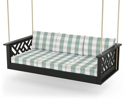POLYWOOD® Chippendale Daybed Swing in Black / Buffalo Plaid Glacier Spa