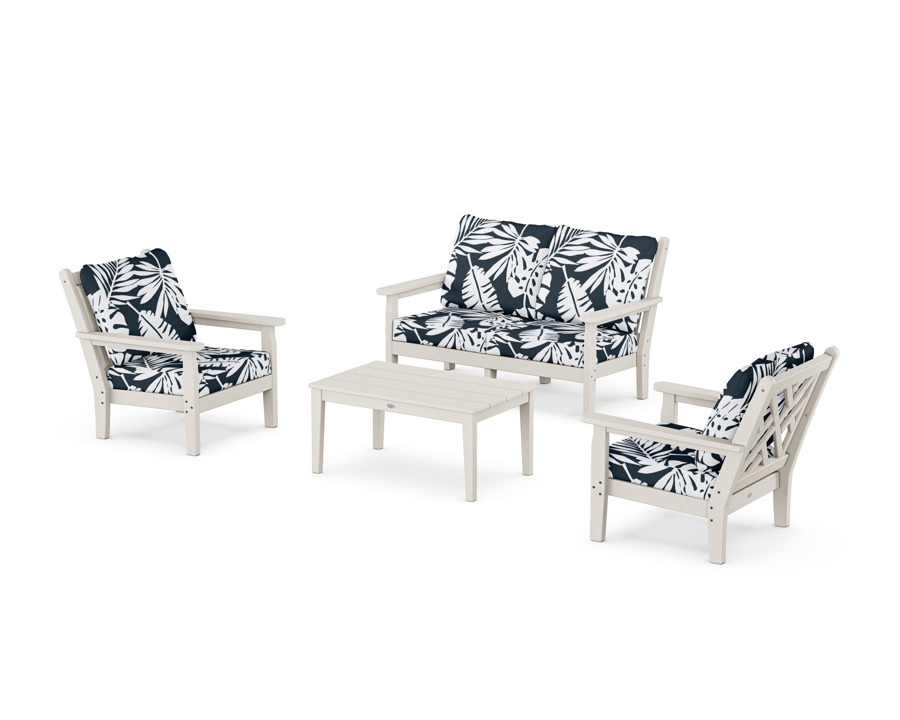 POLYWOOD® Chippendale 4-Piece Deep Seating Set with Loveseat in Sand / Leaf Marine Indigo