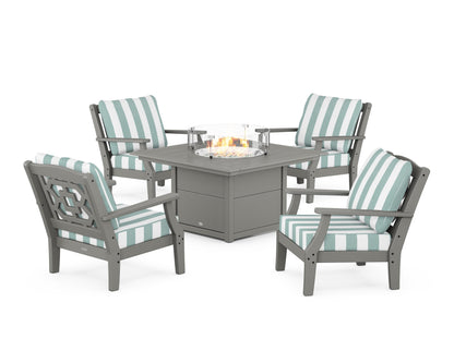 Martha Stewart by POLYWOOD® Chinoiserie 5-Piece Deep Seating Set with Fire Pit Table in Slate Grey / Cabana Stripe Glacier Spa