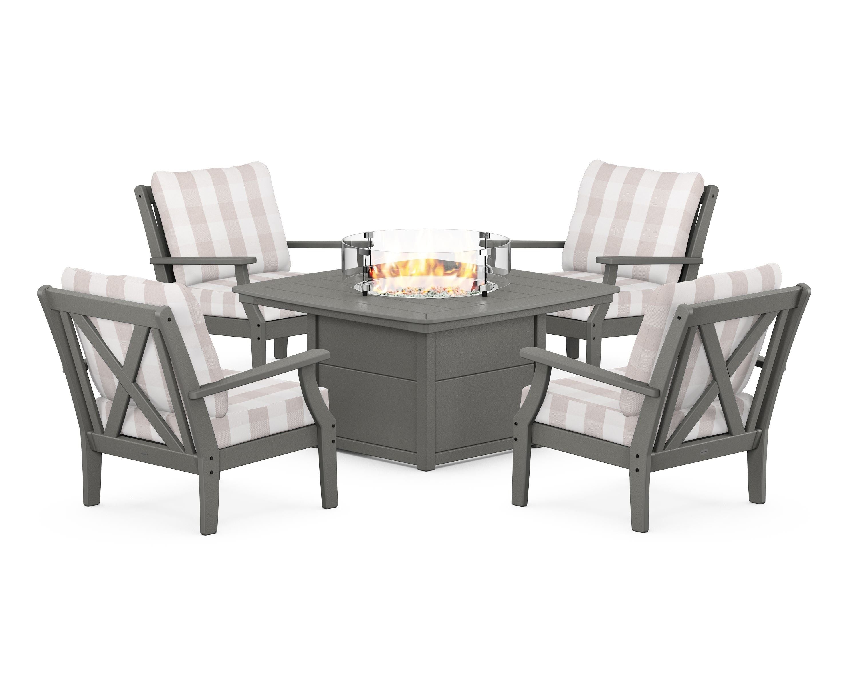 POLYWOOD® Braxton 5-Piece Deep Seating Conversation Set with Fire Pit Table in Slate Grey / Buffalo Plaid Dune Burlap