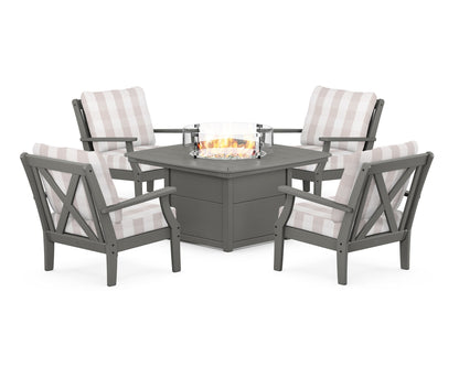 POLYWOOD® Braxton 5-Piece Deep Seating Conversation Set with Fire Pit Table in Slate Grey / Buffalo Plaid Dune Burlap