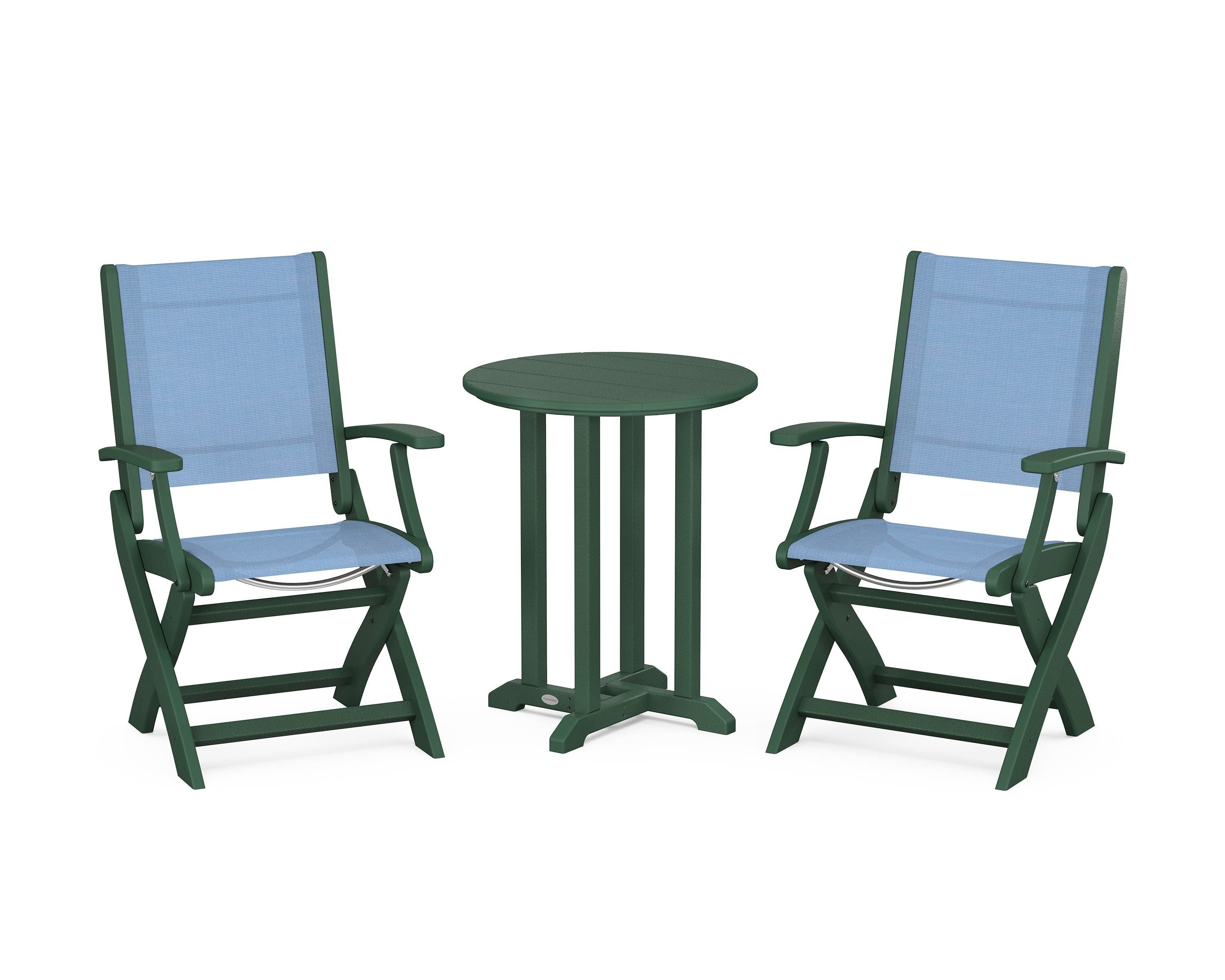 POLYWOOD® Coastal Folding 3-Piece Round Bistro Dining Set in Green / Poolside Sling