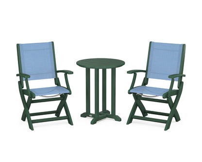 POLYWOOD® Coastal Folding 3-Piece Round Bistro Dining Set in Green / Poolside Sling
