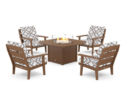 POLYWOOD® Lakeside 5-Piece Deep Seating Set with Nautical Fire Pit Table in Teak / Trellis Grey Mist