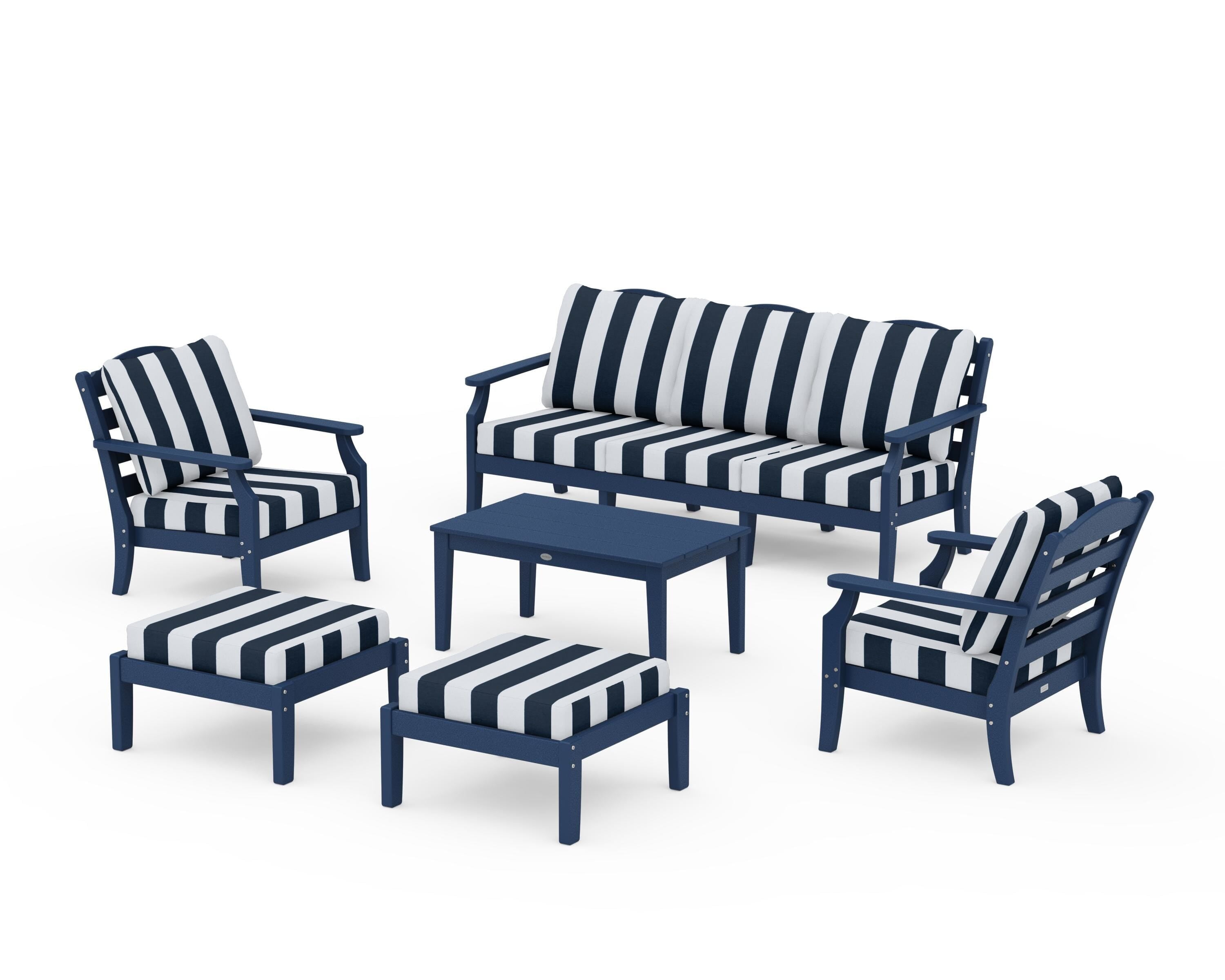 Draper James™ by  POLYWOOD® Savannah 6-Piece Lounge Sofa Set in Navy / Cabana Stripe Marine Indigo