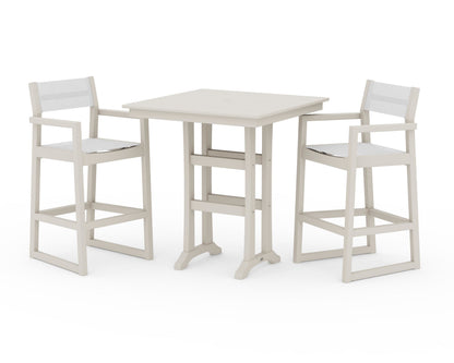 POLYWOOD® EDGE Sling Arm Chair 3-Piece Farmhouse Bar Set with Trestle Legs in Sand / White Sling