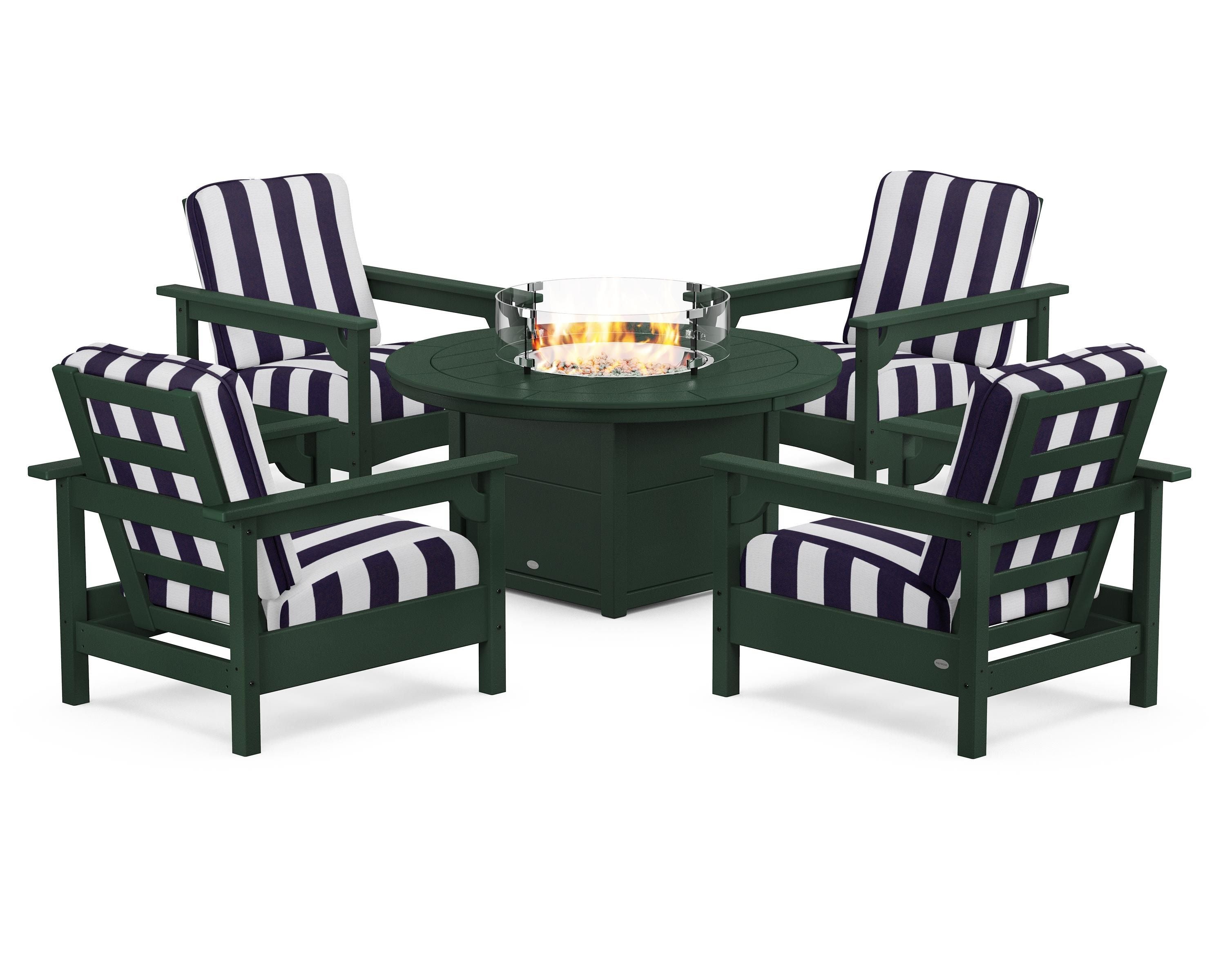 POLYWOOD® Club 5-Piece Conversation Set with Fire Pit Table in Green / Cabana Stripe Navy