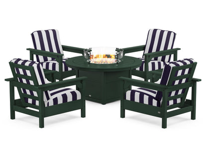 POLYWOOD® Club 5-Piece Conversation Set with Fire Pit Table in Green / Cabana Stripe Navy