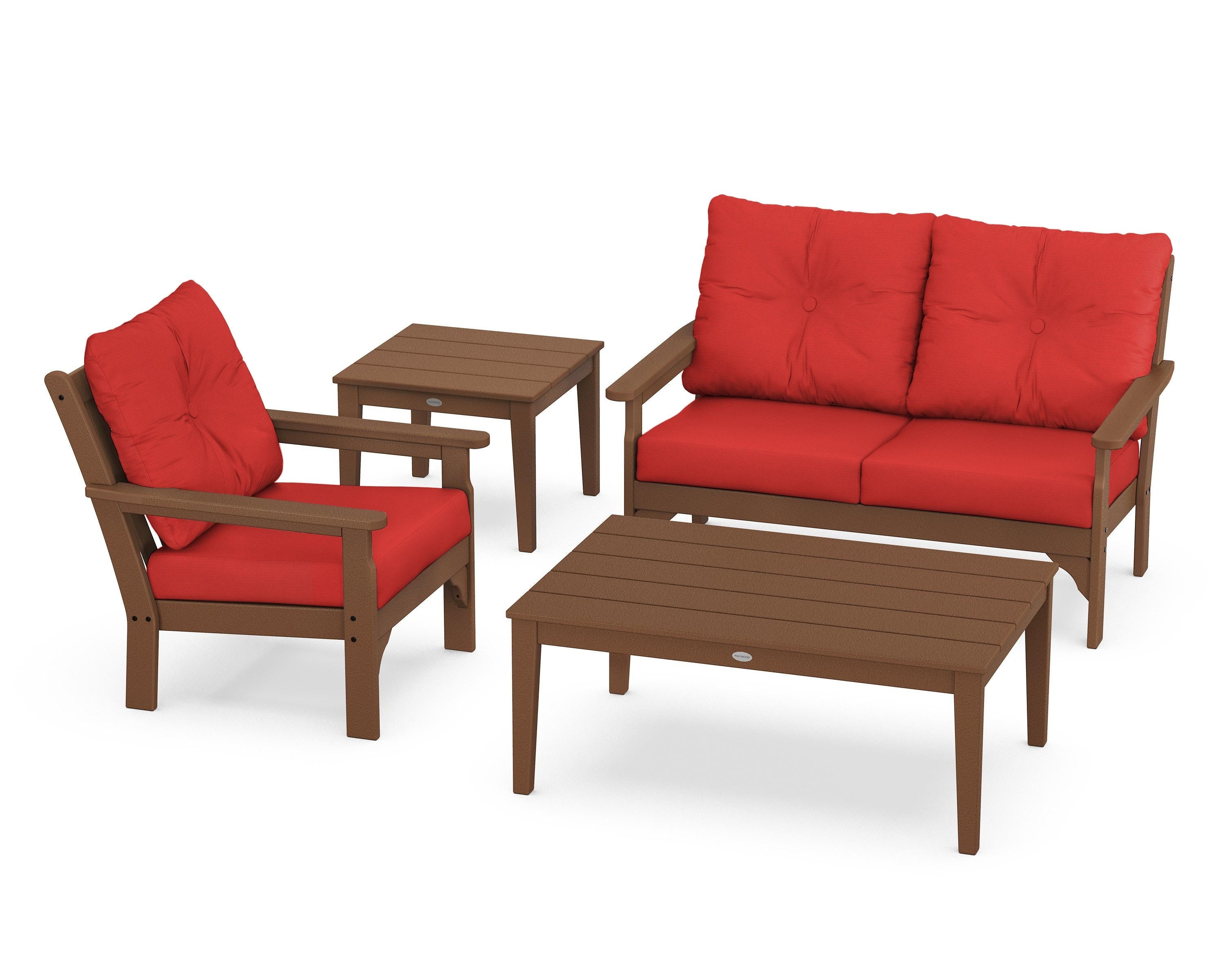 POLYWOOD® Vineyard 4-Piece Deep Seating Set in Teak / Crimson Linen