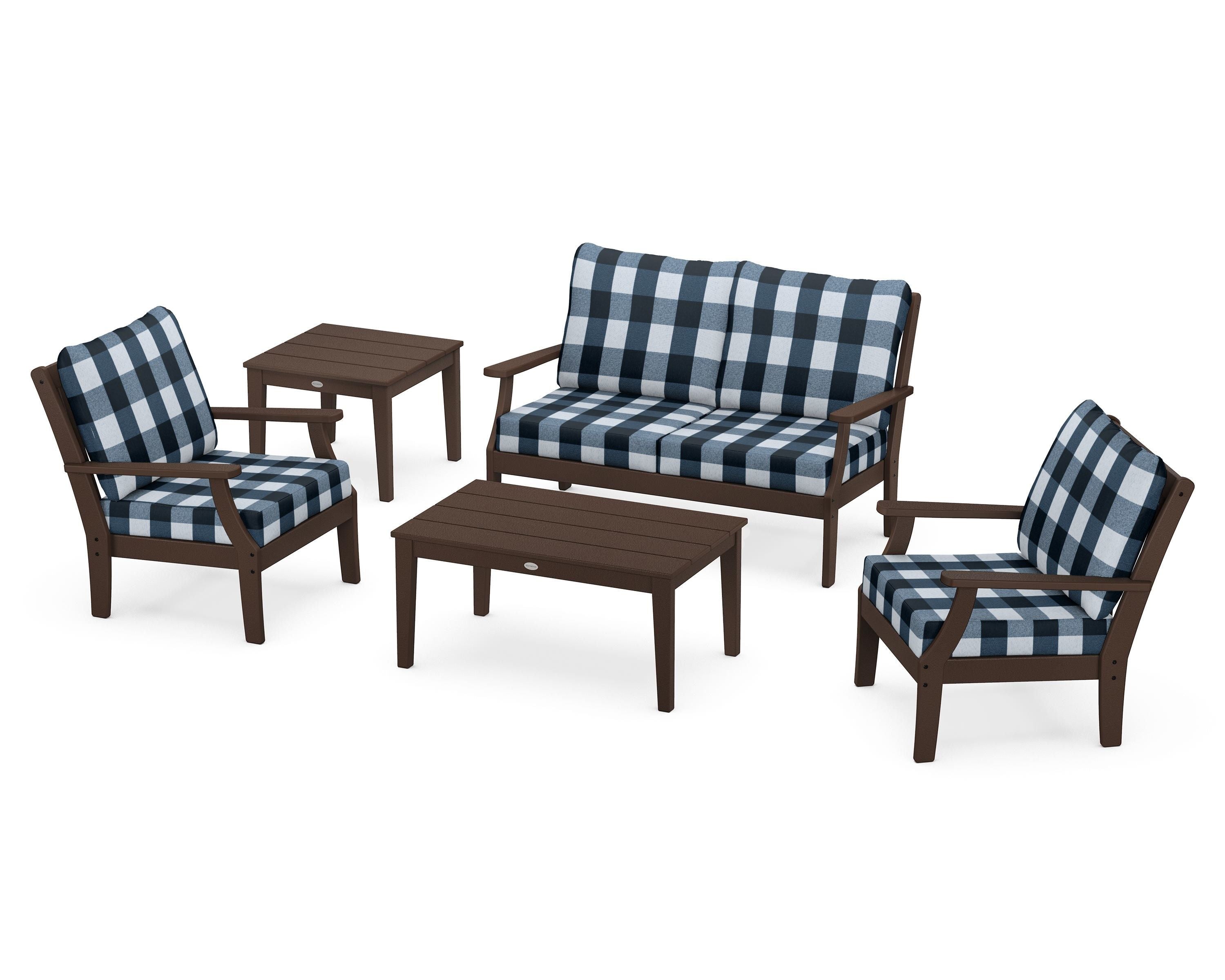 POLYWOOD® Braxton 5-Piece Deep Seating Set in Mahogany / Buffalo Plaid Marine Indigo