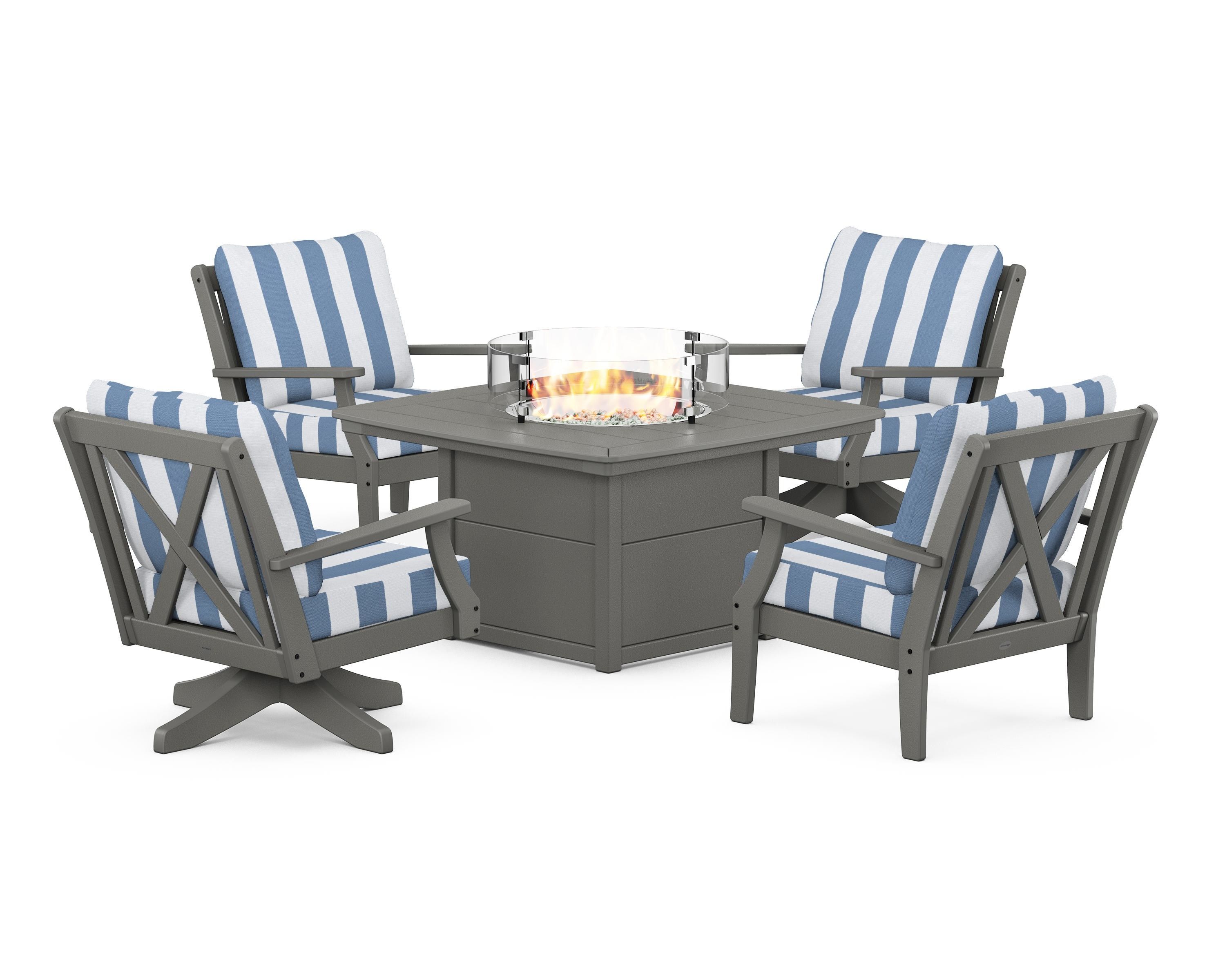 POLYWOOD® Braxton 5-Piece Deep Seating Set with Fire Table in Slate Grey / Cabana Stripe Sky Blue