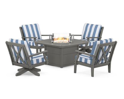 POLYWOOD® Braxton 5-Piece Deep Seating Set with Fire Table in Slate Grey / Cabana Stripe Sky Blue