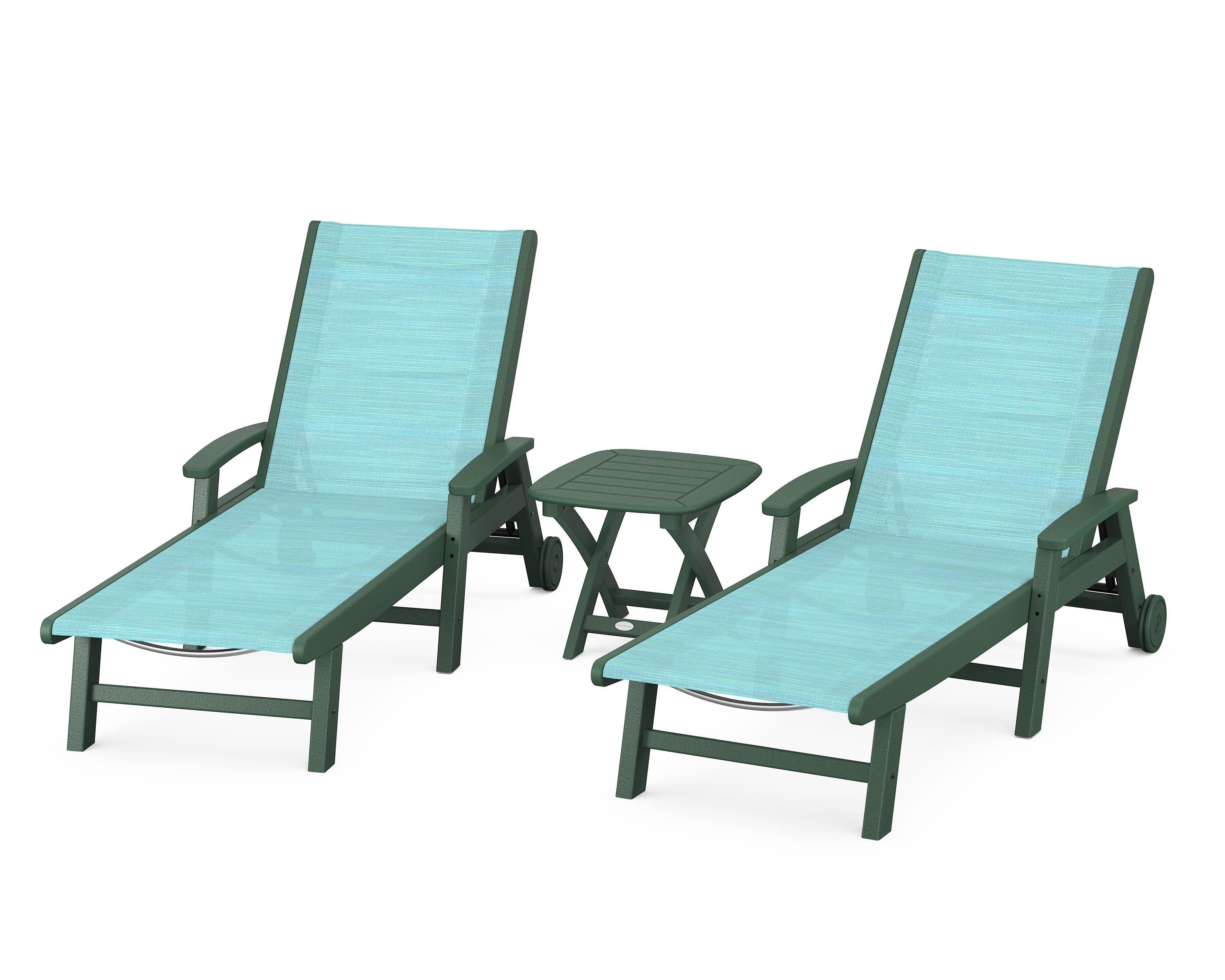 POLYWOOD® Coastal 3-Piece Wheeled Chaise Set in Green / Dupioni Aquamarine Sling