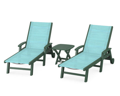 POLYWOOD® Coastal 3-Piece Wheeled Chaise Set in Green / Dupioni Aquamarine Sling