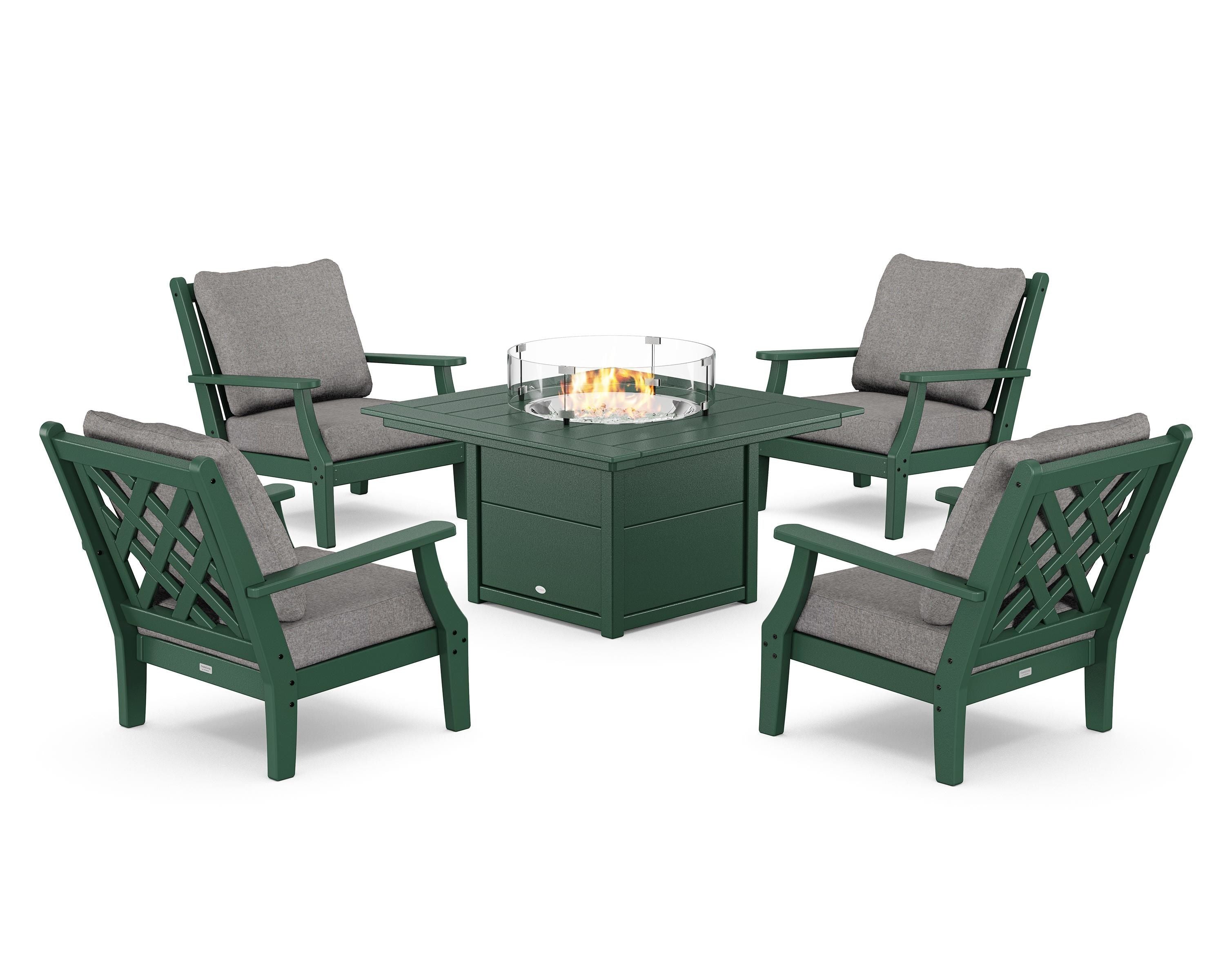 Country Living Wovendale 5-Piece Deep Seating Set with Fire Pit Table in Green / Grey Mist