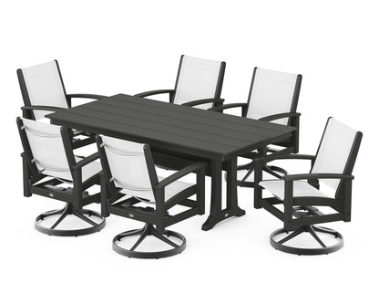 POLYWOOD® 7 Piece Coastal Swivel Rocker Dining Set in Textured Black / Black / White Sling
