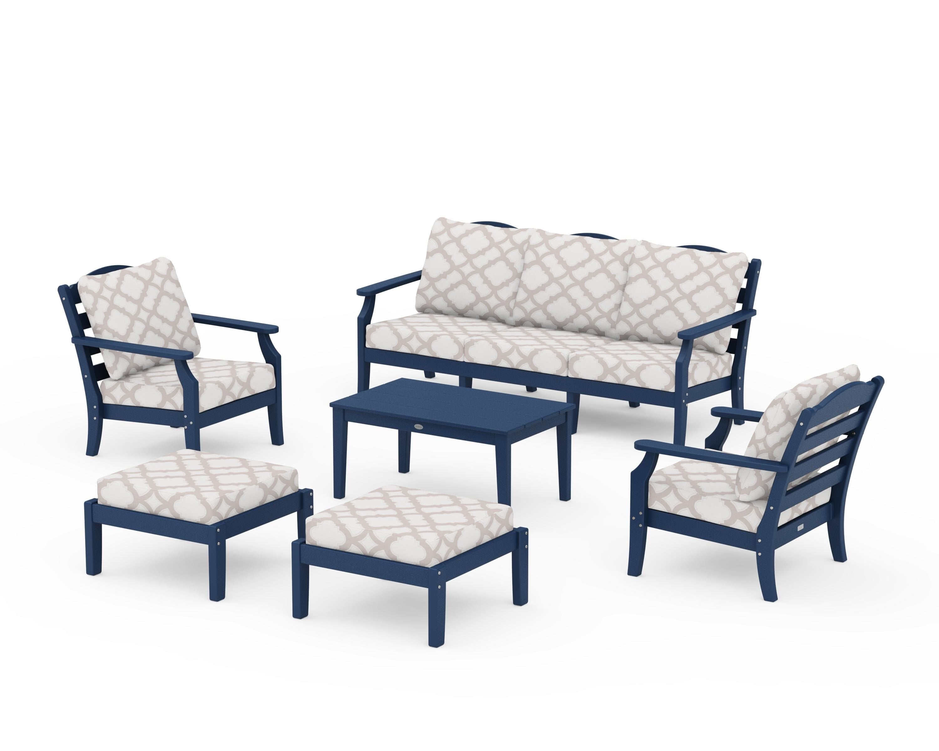 Draper James™ by  POLYWOOD® Savannah 6-Piece Lounge Sofa Set in Navy / Trellis Dune Burlap