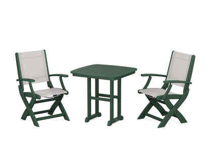 POLYWOOD® Coastal Folding Chair 3-Piece Dining Set in Green / Parchment Sling