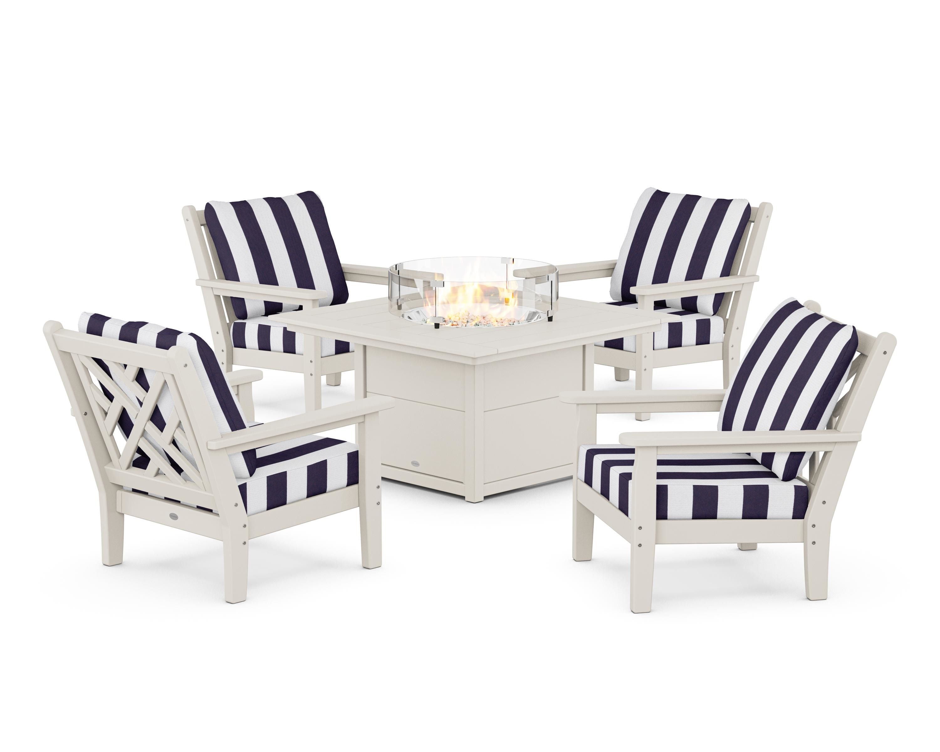 POLYWOOD® Chippendale 5-Piece Deep Seating Set with Fire Pit Table in Sand / Cabana Stripe Navy