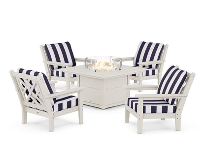 POLYWOOD® Chippendale 5-Piece Deep Seating Set with Fire Pit Table in Sand / Cabana Stripe Navy