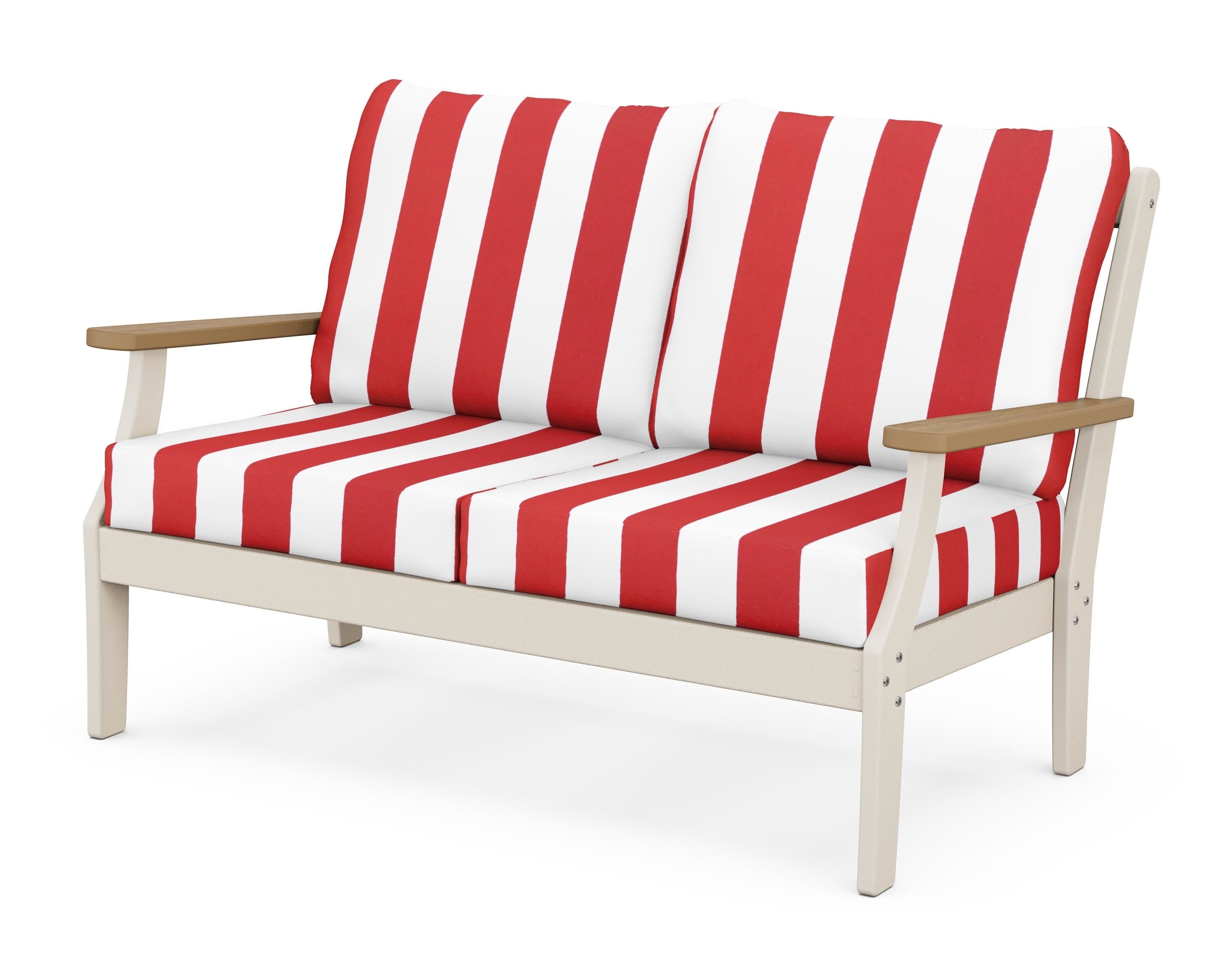 POLYWOOD® Braxton Deep Seating Loveseat in Sand / Natural / Cabana Stripe Crimson