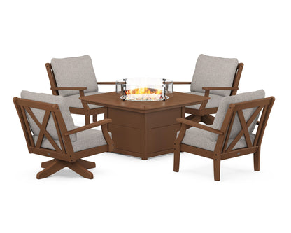 POLYWOOD® Braxton 5-Piece Deep Seating Set with Fire Table in Teak / Weathered Tweed