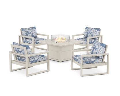POLYWOOD® EDGE Sectional 5-Piece Deep Seating Set with Fire Pit Table in Sand / Leaf Sky Blue