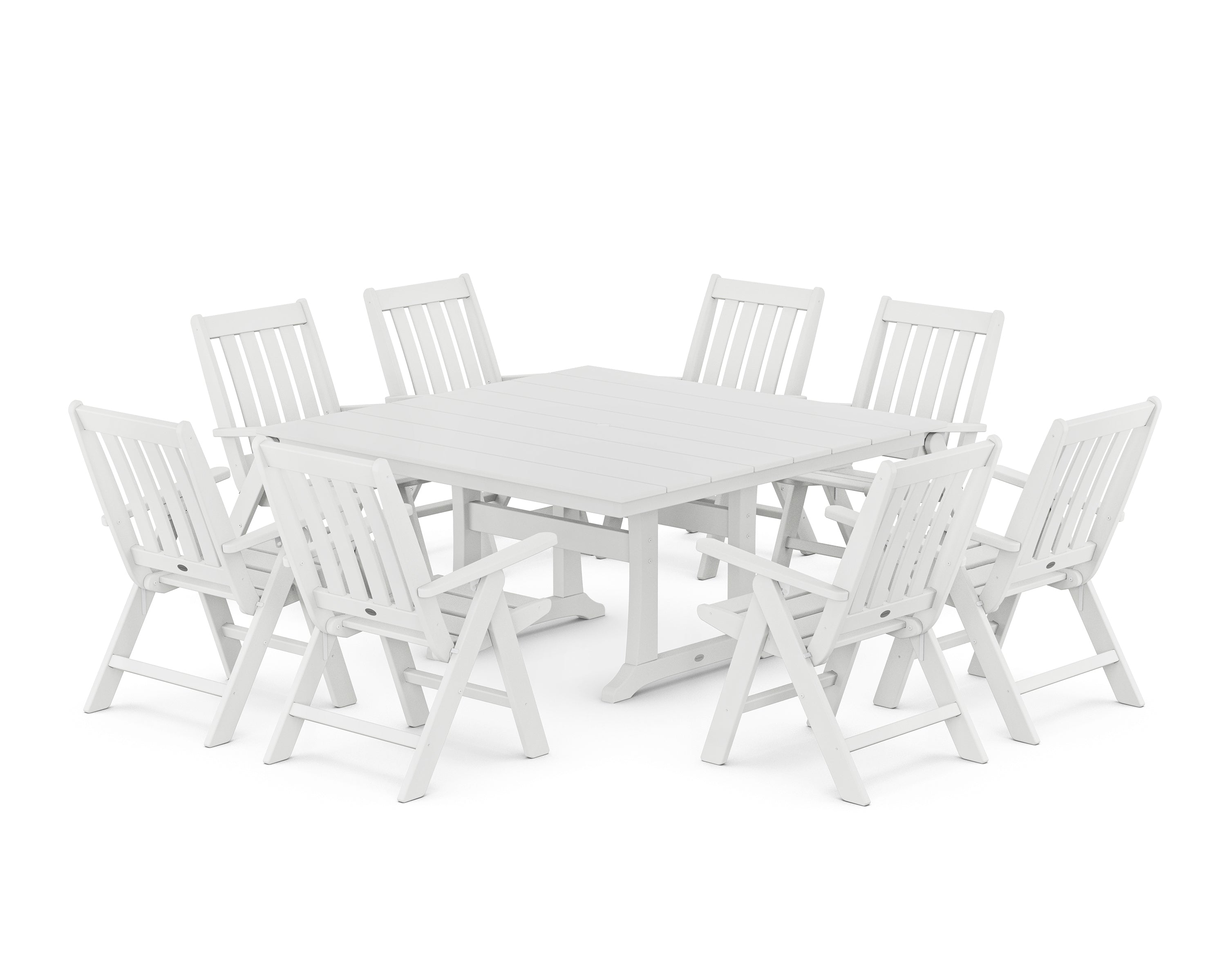POLYWOOD® Vineyard Folding Chair 9-Piece Square Farmhouse Dining Set with Trestle Legs in White