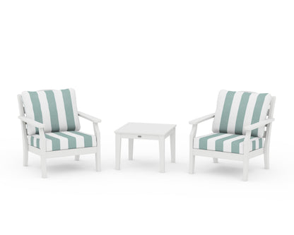 Draper James™ by  POLYWOOD® Savannah 3-Piece Deep Seating Set in White / Cabana Stripe Glacier Spa