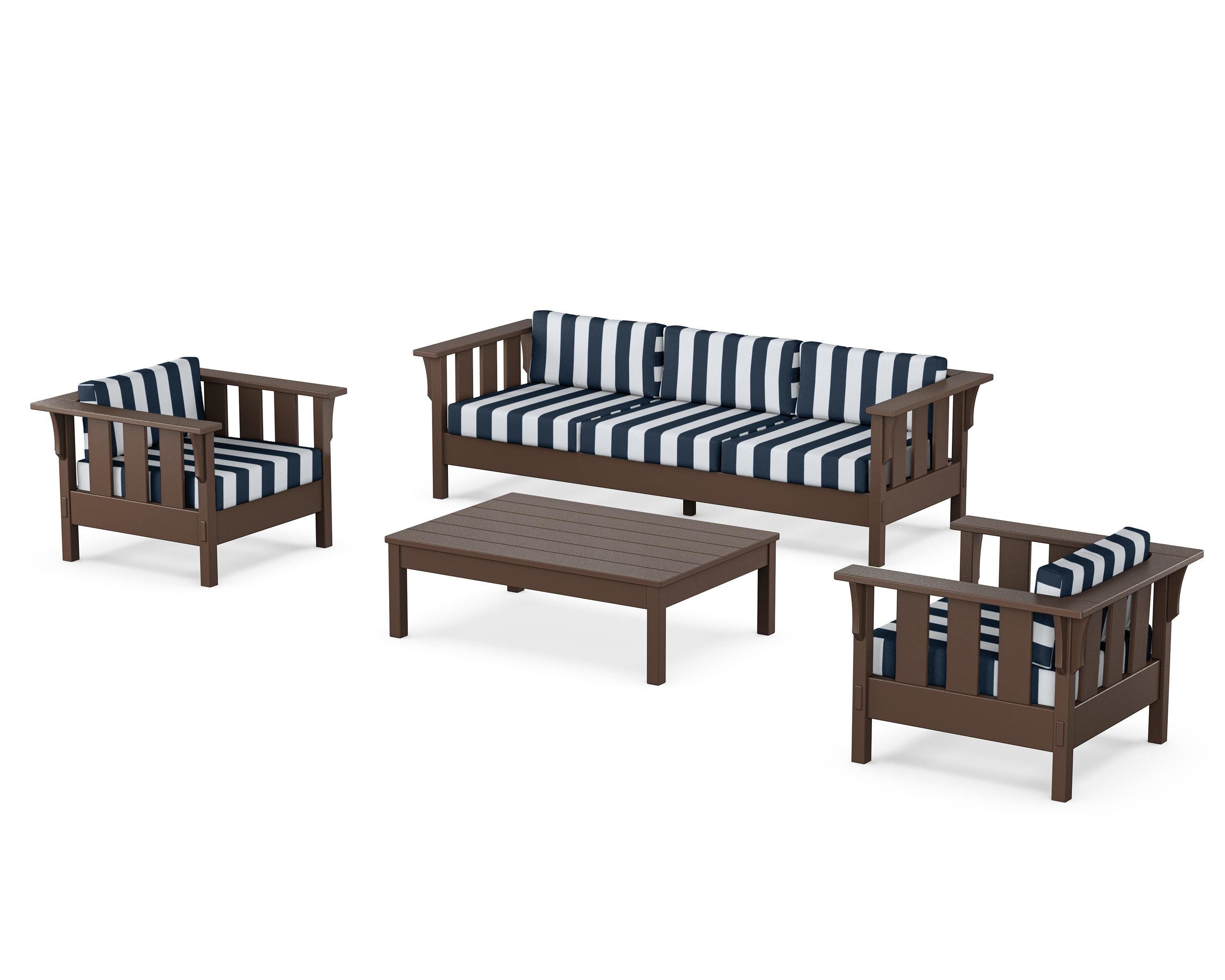 Martha Stewart by POLYWOOD® Acadia 4-Piece Deep Seating Set with Sofa in Mahogany / Cabana Stripe Marine Indigo