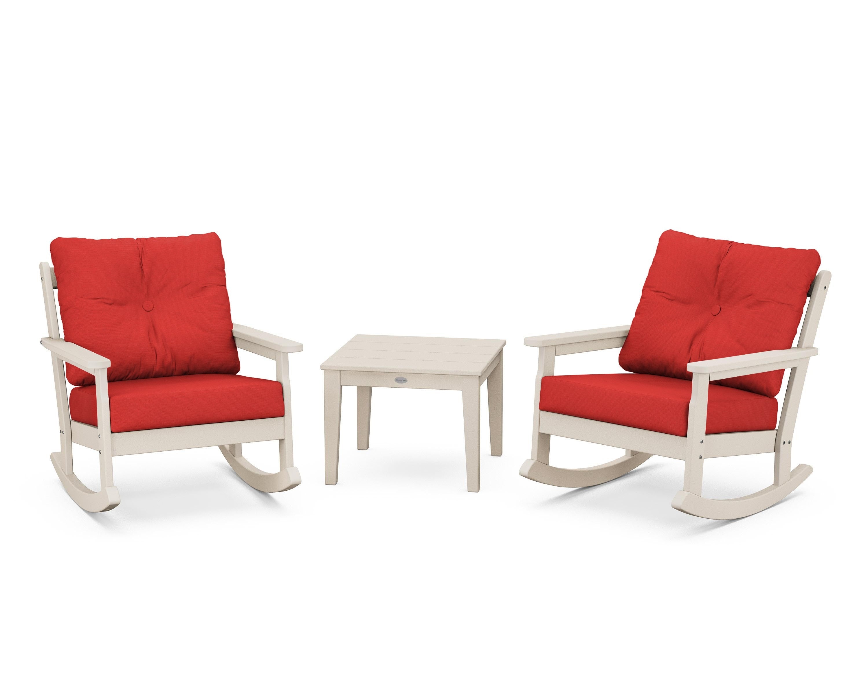 POLYWOOD® Vineyard 3-Piece Deep Seating Rocker Set in Sand / Crimson Linen