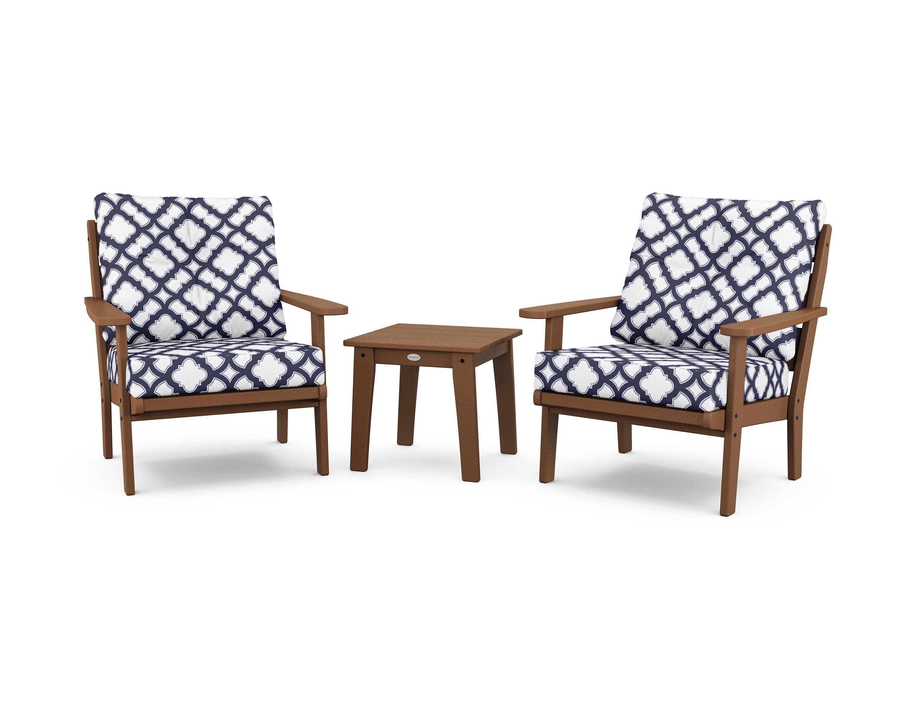 POLYWOOD® Lakeside 3-Piece Deep Seating Chair Set in Teak / Trellis Navy