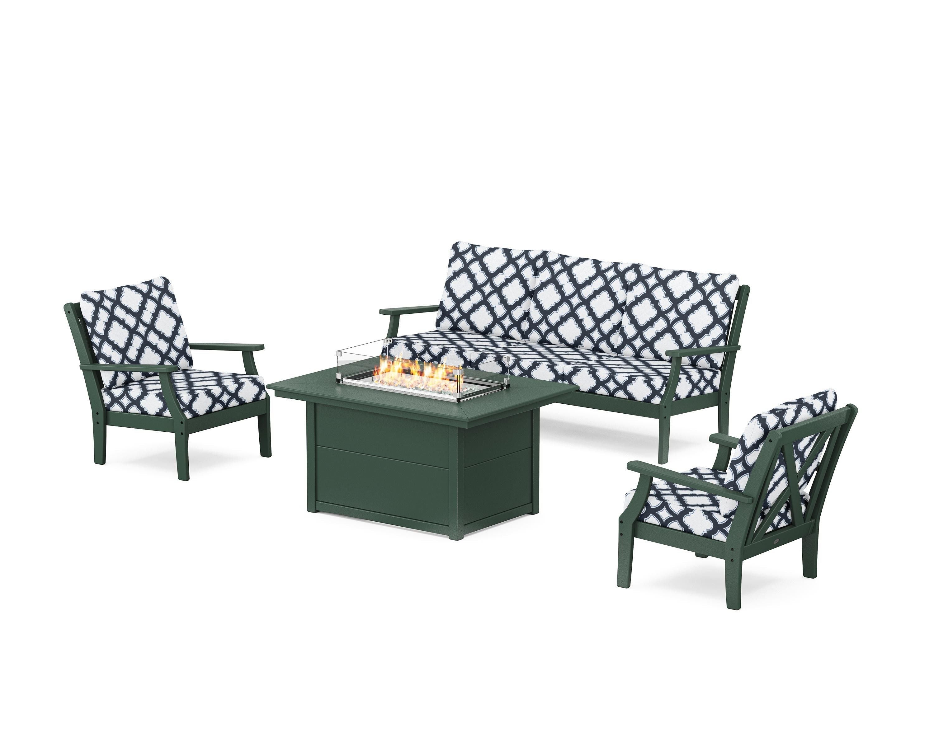 POLYWOOD® Braxton Deep Seating Fire Pit Table Set in Green / Trellis Marine Indigo