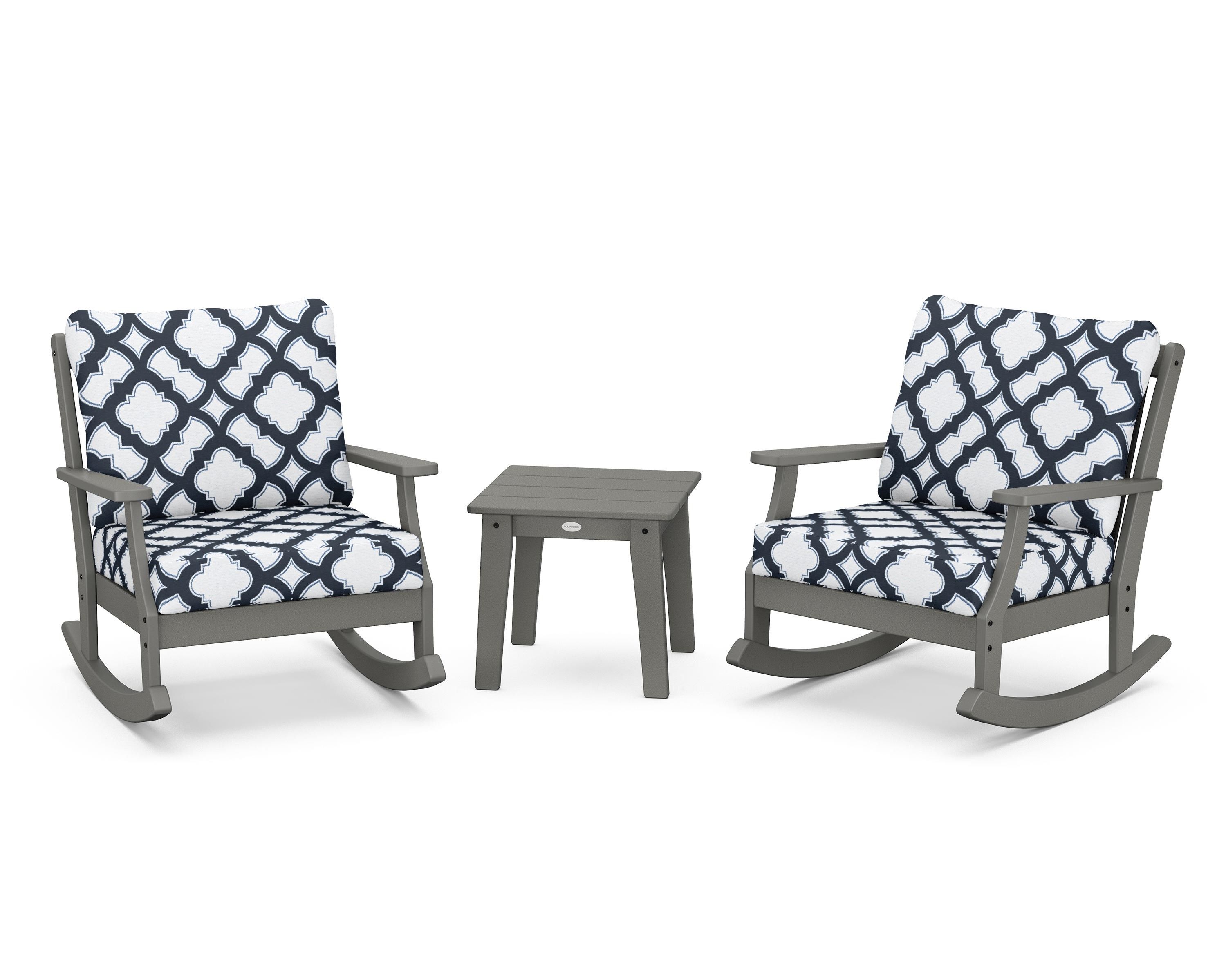 POLYWOOD® Braxton 3-Piece Deep Seating Rocker Set in Slate Grey / Trellis Marine Indigo