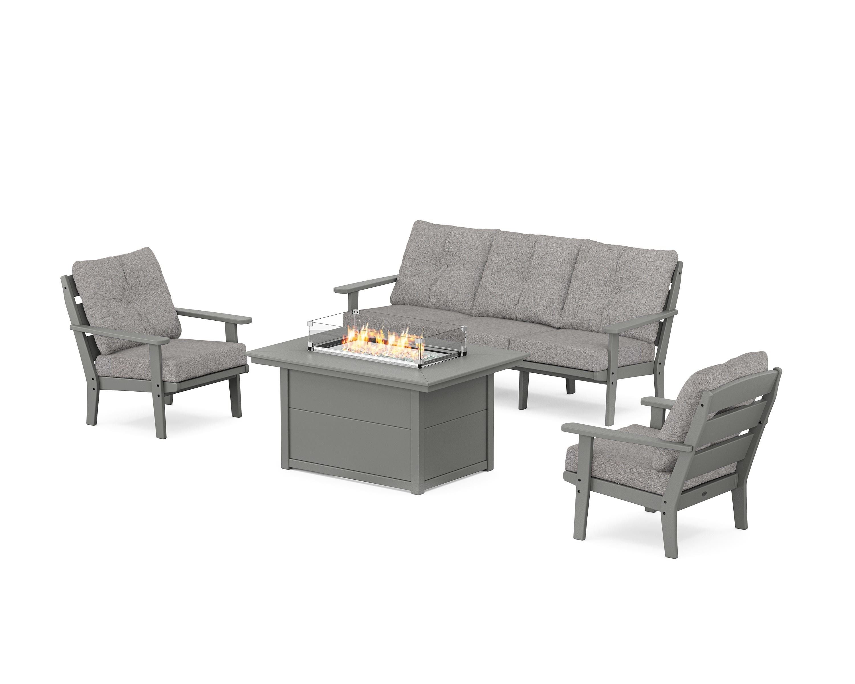 POLYWOOD® Lakeside Deep Seating Fire Pit Table Set in Slate Grey / Grey Mist