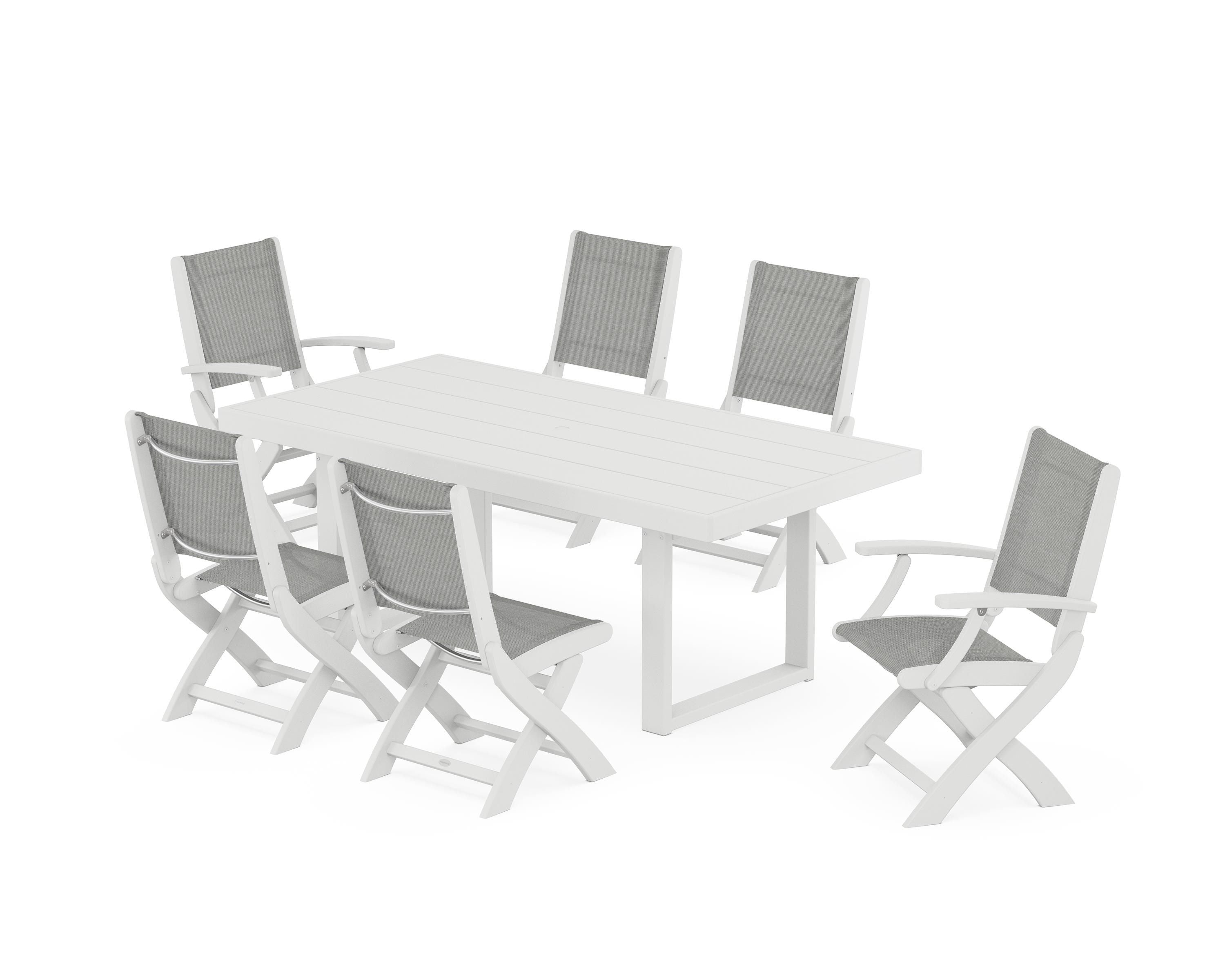 POLYWOOD® Coastal Folding Chair 7-Piece Dining Set with Trestle Legs in White / Metallic Sling