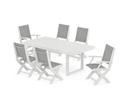 POLYWOOD® Coastal Folding Chair 7-Piece Dining Set with Trestle Legs in White / Metallic Sling