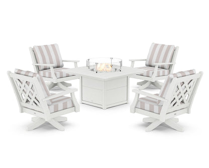 Country Living Wovendale 5-Piece Deep Seating Swivel Conversation Set with Fire Pit Table in White / Cabana Stripe Dune Burlap