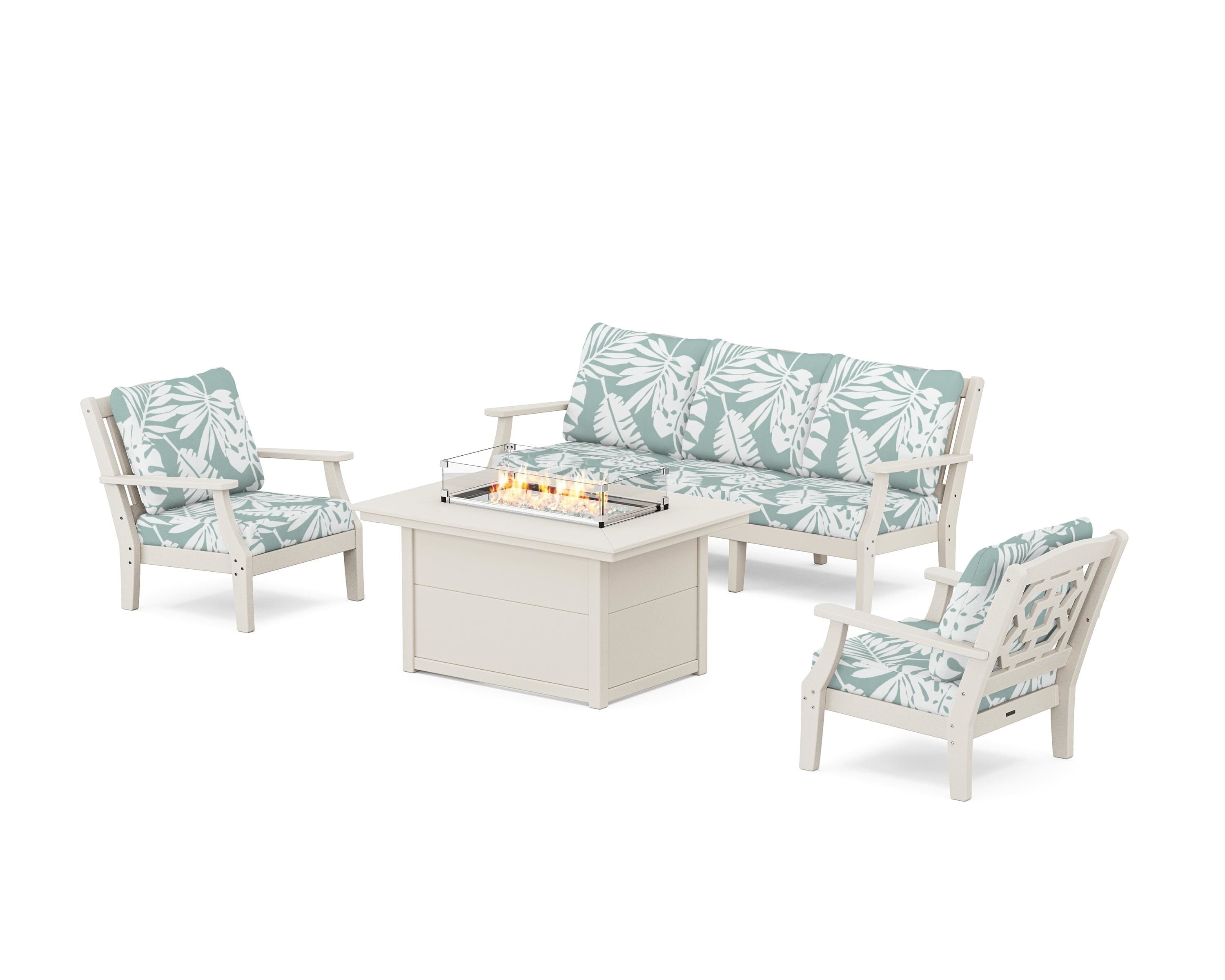 Martha Stewart by POLYWOOD® Chinoiserie Deep Seating Fire Pit Table Set in Sand / Leaf Glacier Spa