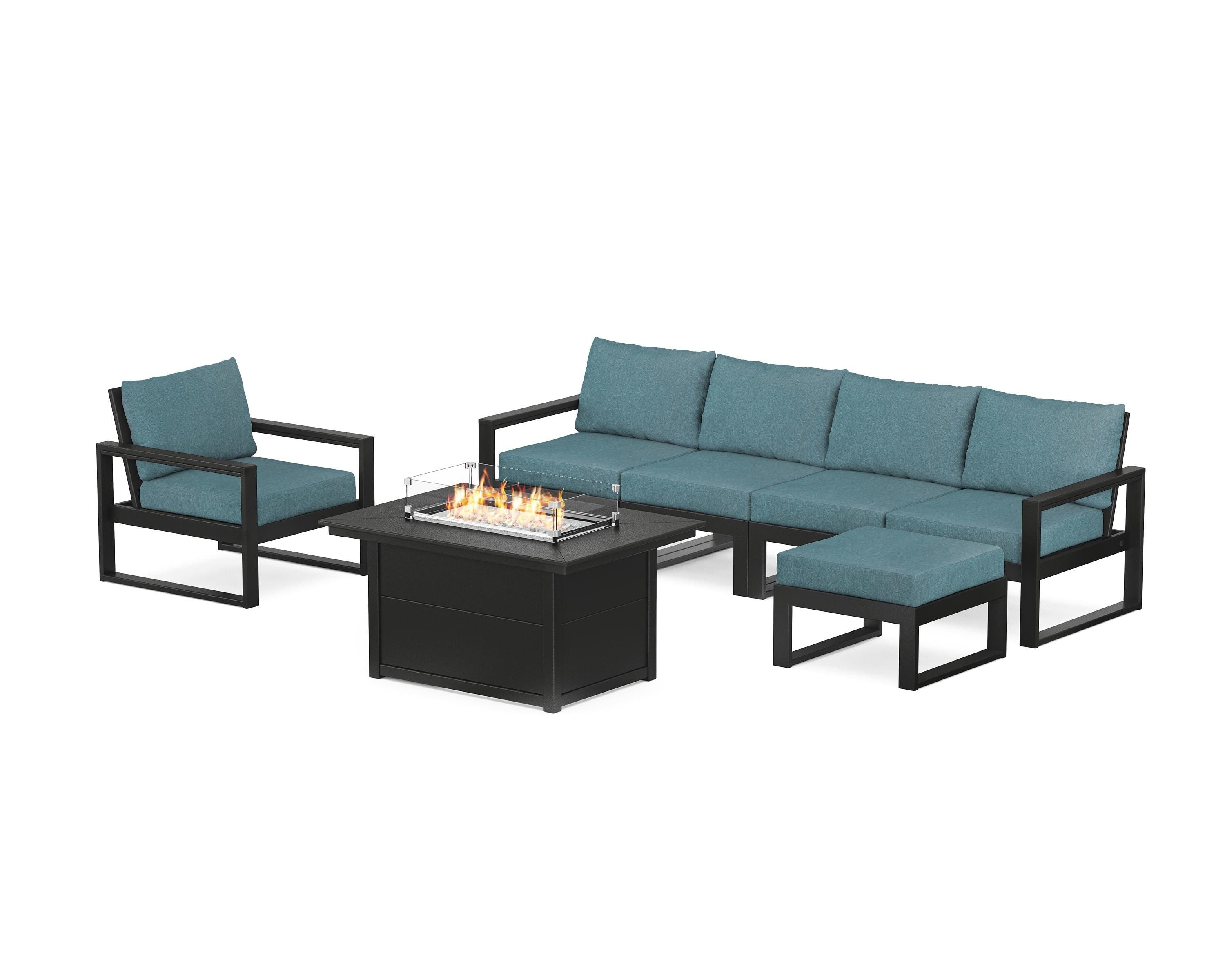 POLYWOOD® EDGE Sectional Lounge and Fire Pit Set in Black / Ocean Teal