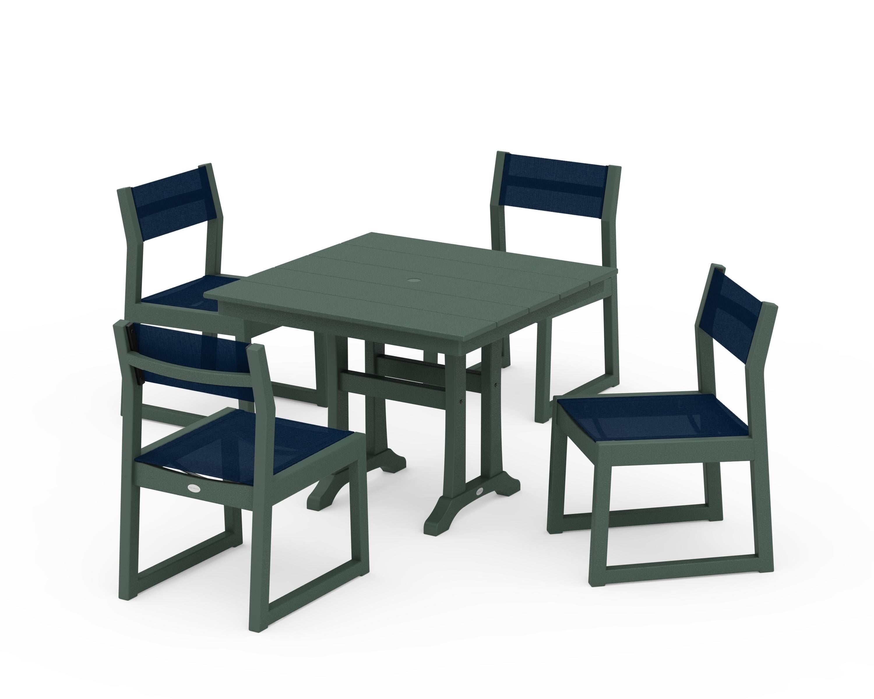 POLYWOOD® EDGE Sling 5-Piece Farmhouse Trestle Side Chair Dining Set in Green / Navy Blue Sling