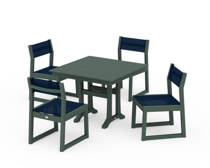 POLYWOOD® EDGE Sling 5-Piece Farmhouse Trestle Side Chair Dining Set in Green / Navy Blue Sling