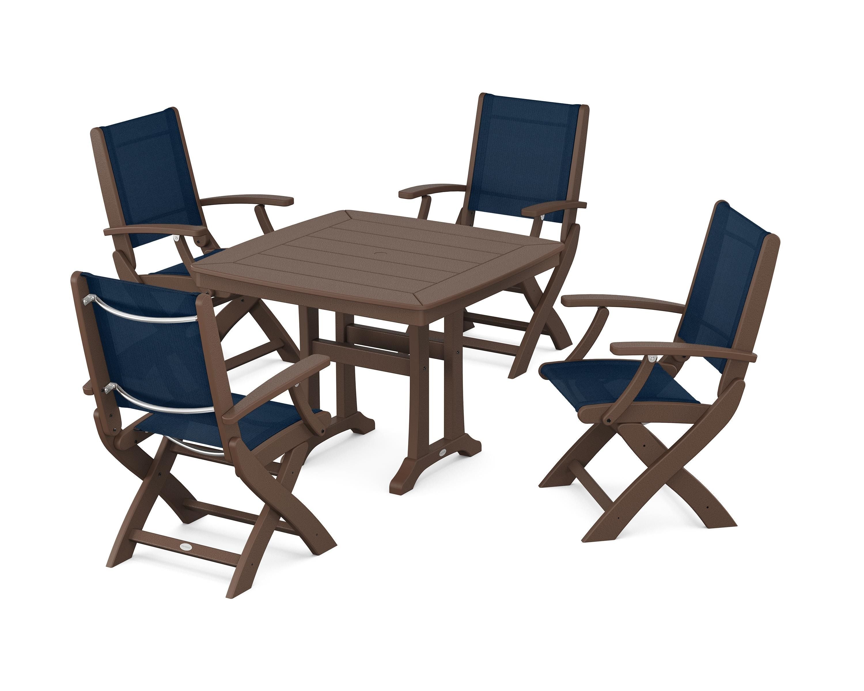 POLYWOOD® Coastal Folding Chair 5-Piece Dining Set with Trestle Legs in Mahogany / Navy Blue Sling