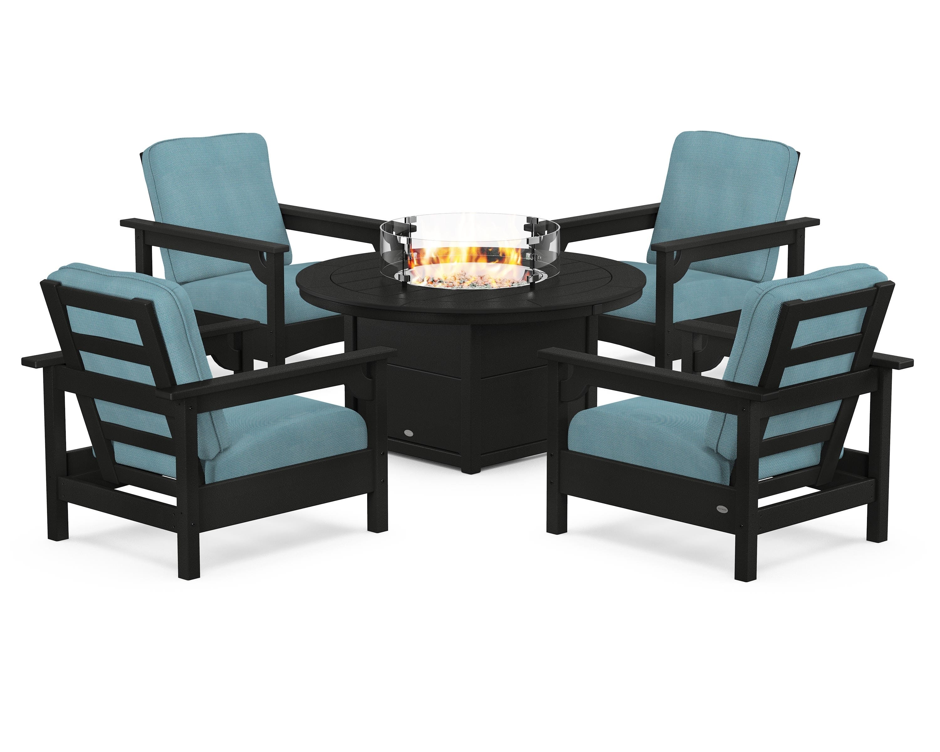 POLYWOOD® Club 5-Piece Conversation Set with Fire Pit Table in Black / Lattice Sky Blue