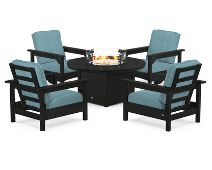 POLYWOOD® Club 5-Piece Conversation Set with Fire Pit Table in Black / Lattice Sky Blue