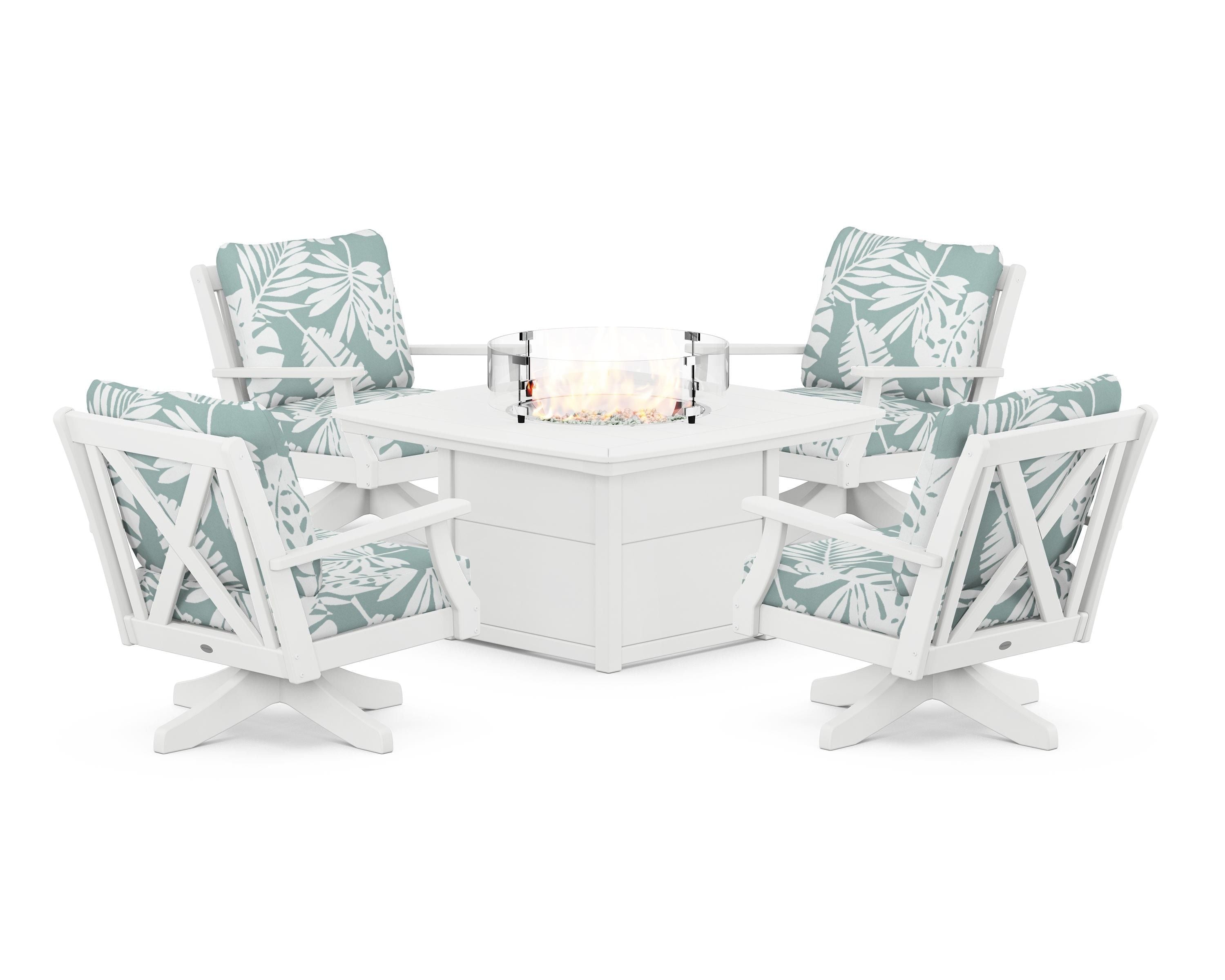 POLYWOOD® Braxton 5-Piece Deep Seating Swivel Conversation Set with Fire Pit Table in White / Leaf Glacier Spa