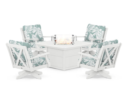 POLYWOOD® Braxton 5-Piece Deep Seating Swivel Conversation Set with Fire Pit Table in White / Leaf Glacier Spa