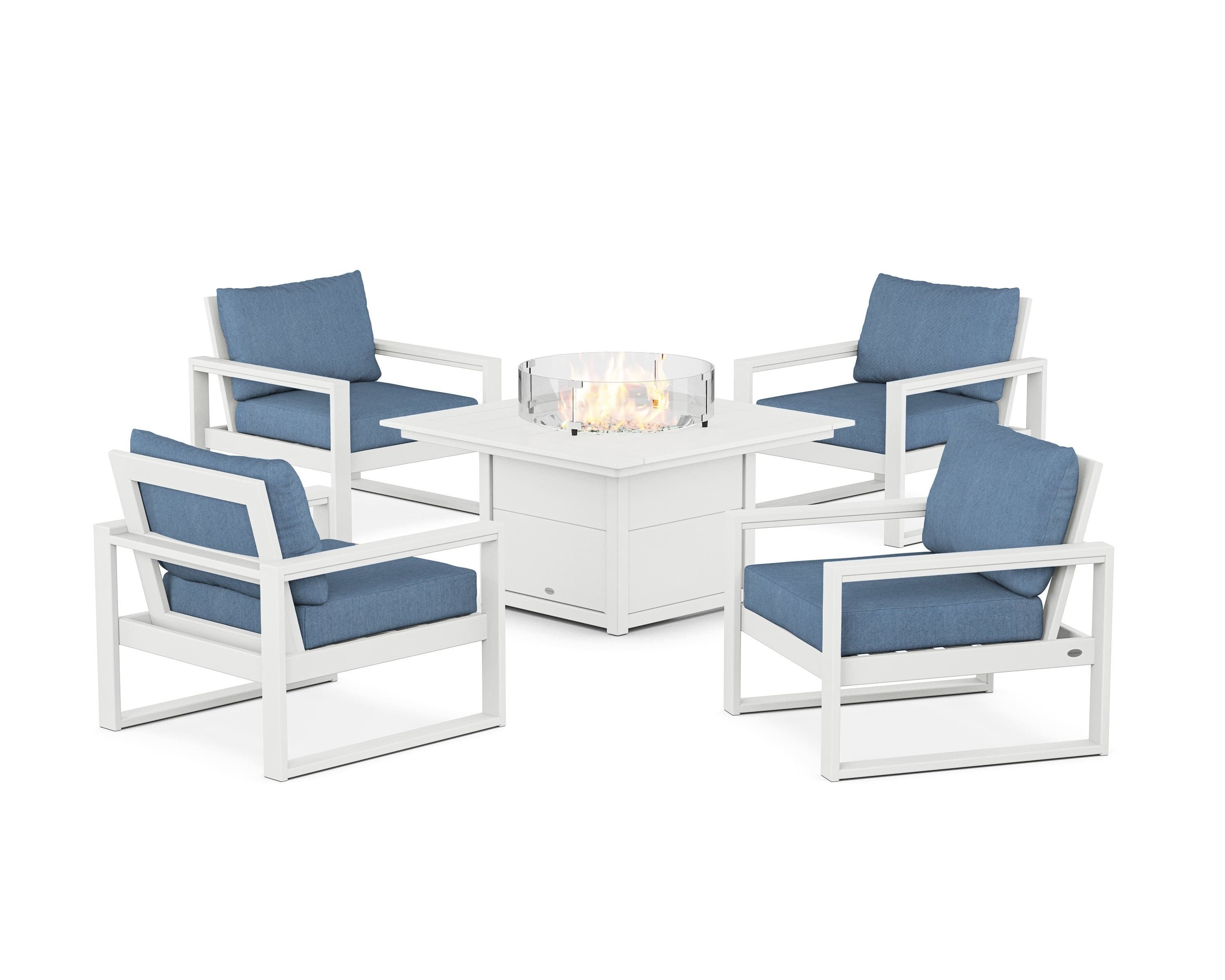POLYWOOD® EDGE Sectional 5-Piece Deep Seating Set with Fire Pit Table in White / Sky Blue